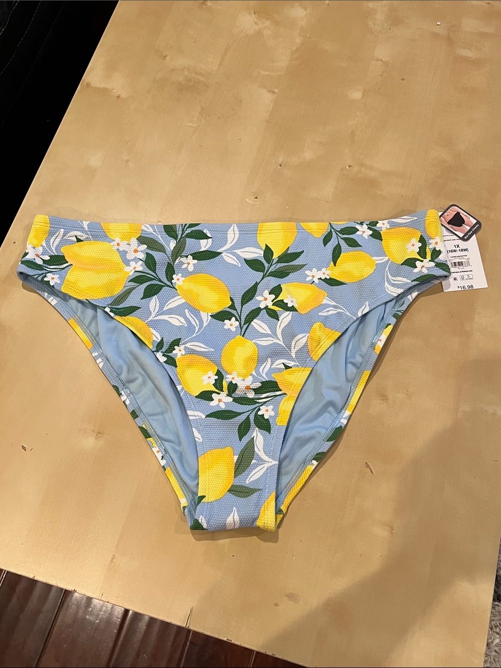 Time and Tru Blue Lemon Print Bikini Bottoms Mid Rise Cheeky 1X NWT